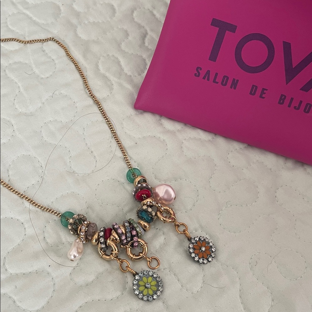 TOVA Multicolor Charm Statement Necklace |Crystal Floral Drops & Pearl Accents